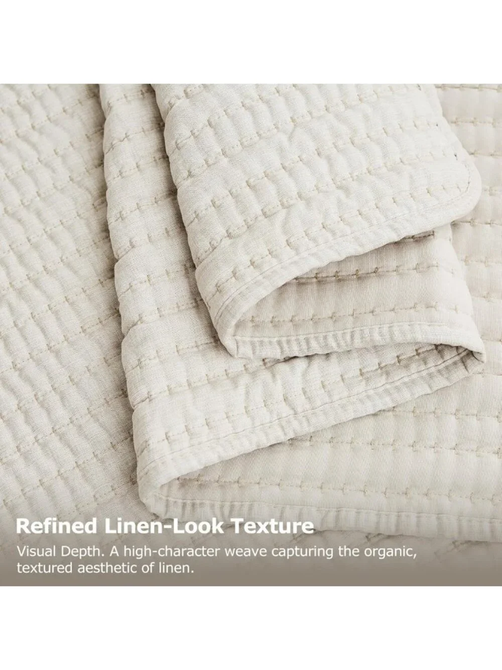 Beige Pick Stitch Queen Quilt Set - Lightweight Striped Summer Bedspread, Rustic